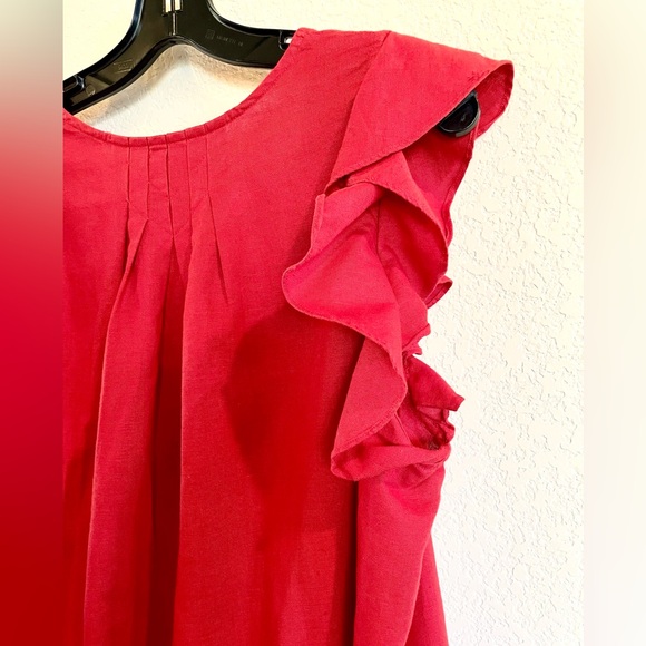 The Great The Flutter Tulip Dress Red Linen Cotton Ruffle Sleeves Pockets Large - Picture 9 of 10